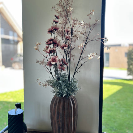 Vaas Geribbeld rood/bruin compleet met bloemen