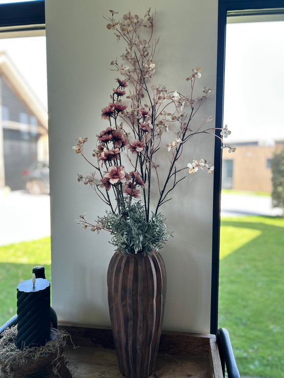 Vaas Geribbeld rood/bruin compleet met bloemen