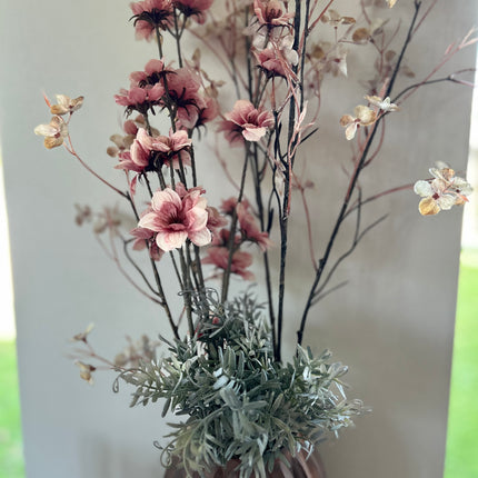 Vaas Geribbeld rood/bruin compleet met bloemen