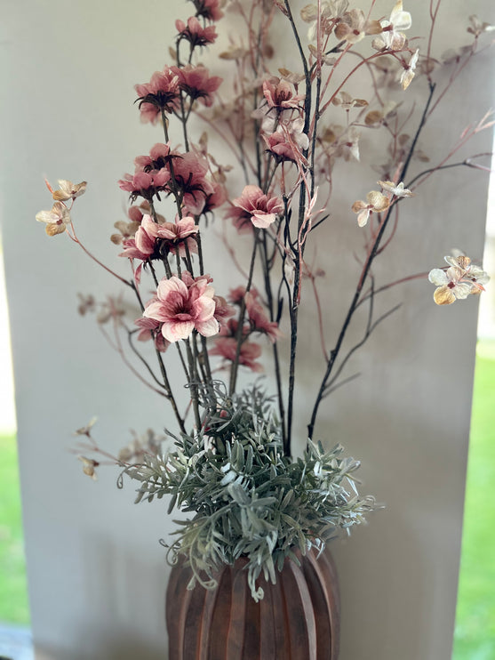 Vaas Geribbeld rood/bruin compleet met bloemen
