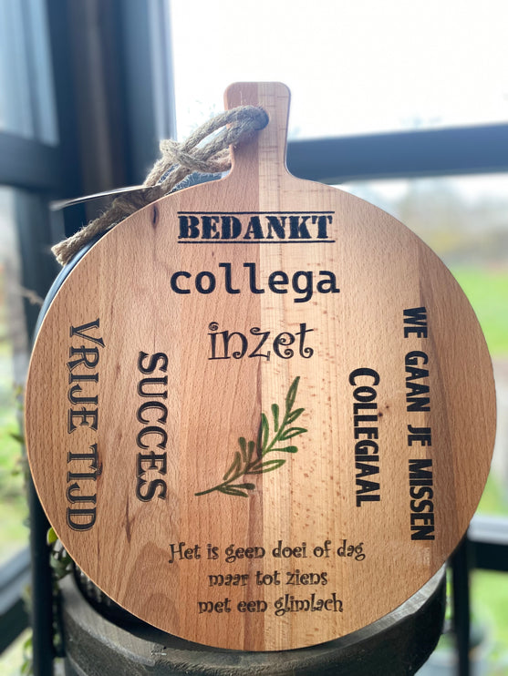 Serveerplank rond - Afscheid collega - Het is geen doei of dag, maar tot ziens met een glimlach