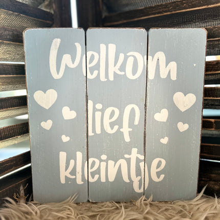 tekstbord 20x20cm welkom lief kleintje baby blauw