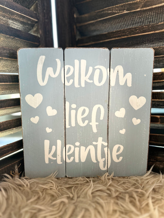 tekstbord 20x20cm welkom lief kleintje baby blauw