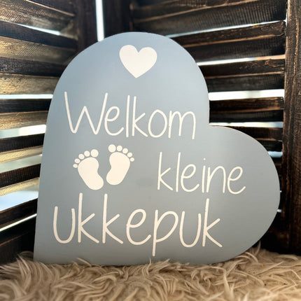 teksthart xl 25x25cm Welkom kleine ukkepuk baby blauw (wit)