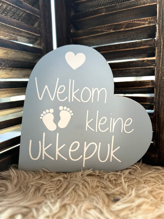 teksthart xl 25x25cm Welkom kleine ukkepuk baby blauw (wit)