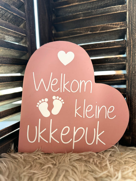 teksthart xl 25x25cm Welkom kleine ukkepuk baby roze (wit)