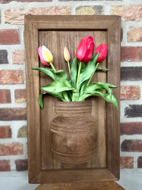 Houten wandpaneel met vaas  Teakhout of Vergrijsd
