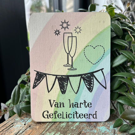 Houten kaartje Gefelicteerd (champagneglazen)