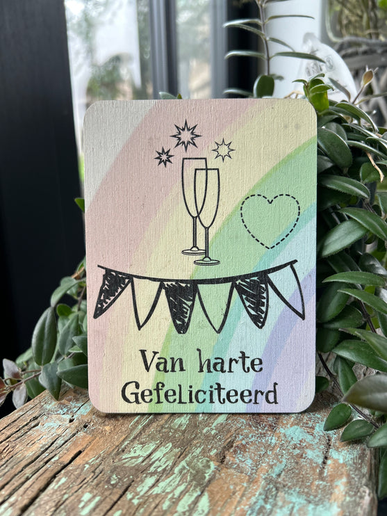 Houten kaartje Gefelicteerd (champagneglazen)