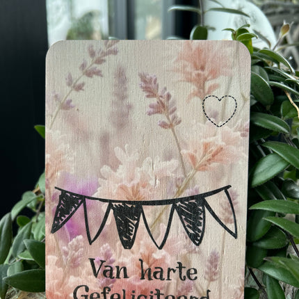 Houten kaart Gefeliciteerd (Droogbloemen)