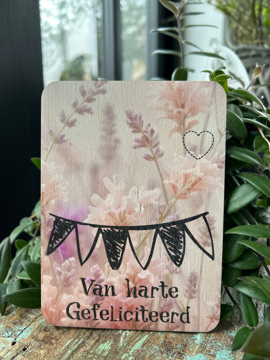 Houten kaart Gefeliciteerd (Droogbloemen)